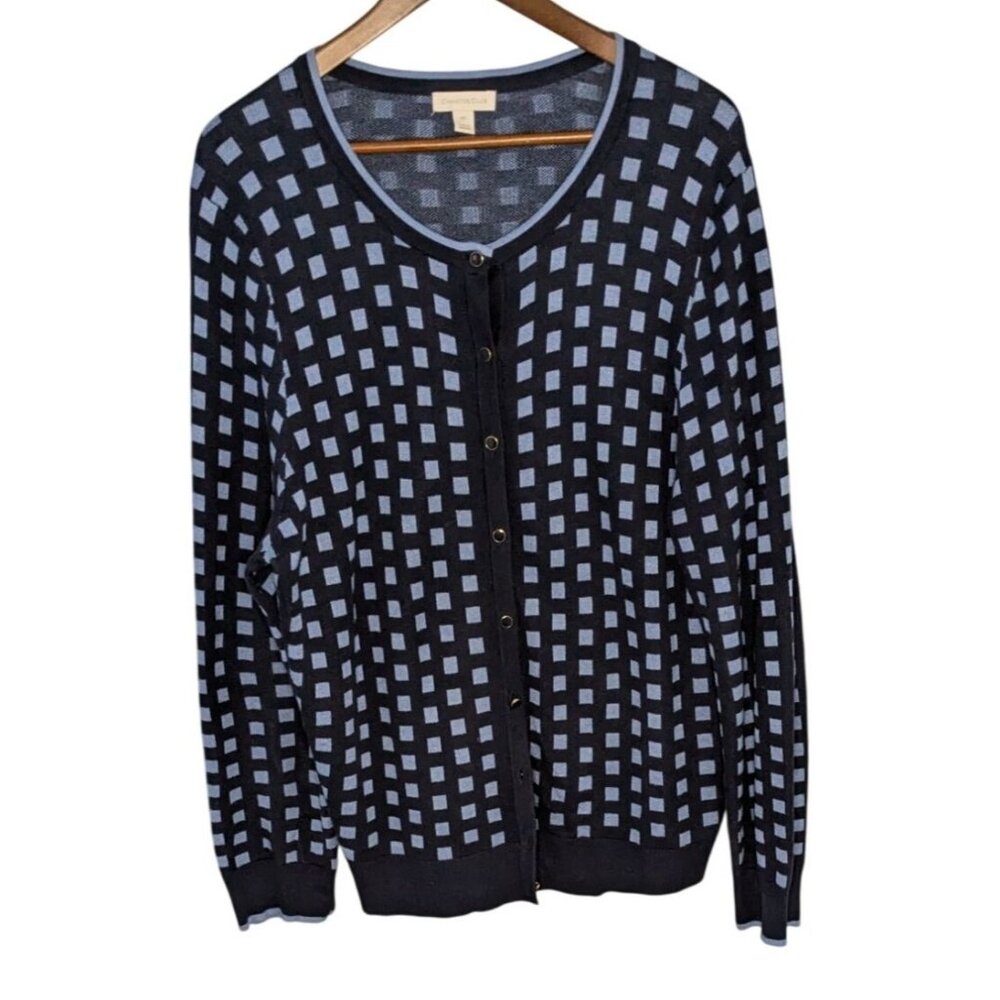 Charter Club Navy & Light Blue Checkered Button-Front Cardigan XXL Cotton Blend